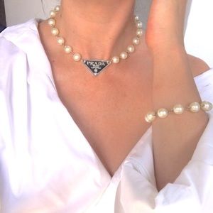 Prada Silver Pendant Vintage Pearl Bead Reworked Necklace & Matching Bracelet